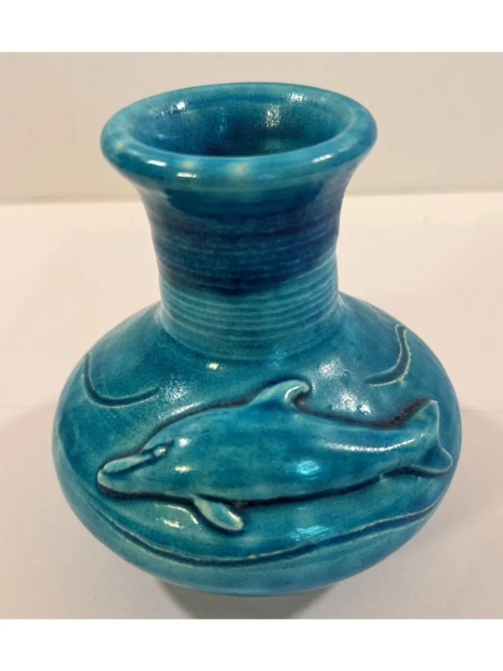 Vintage Dolphin Lagoon Ocean Blue Vase Handmade Studio Pottery 4 1/2